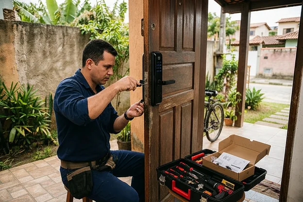 Fechadura digital instalada em uma porta em Rio das Ostras.